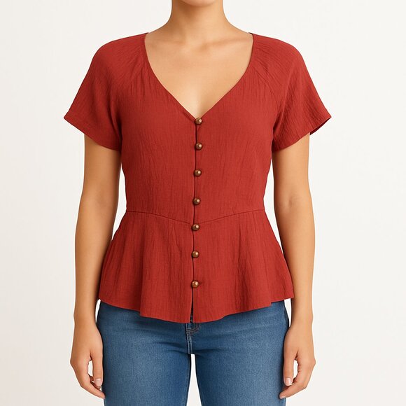 OLM Tops - OLM Button Front Crinkle Peplum Blouse in Brick Red Women's M